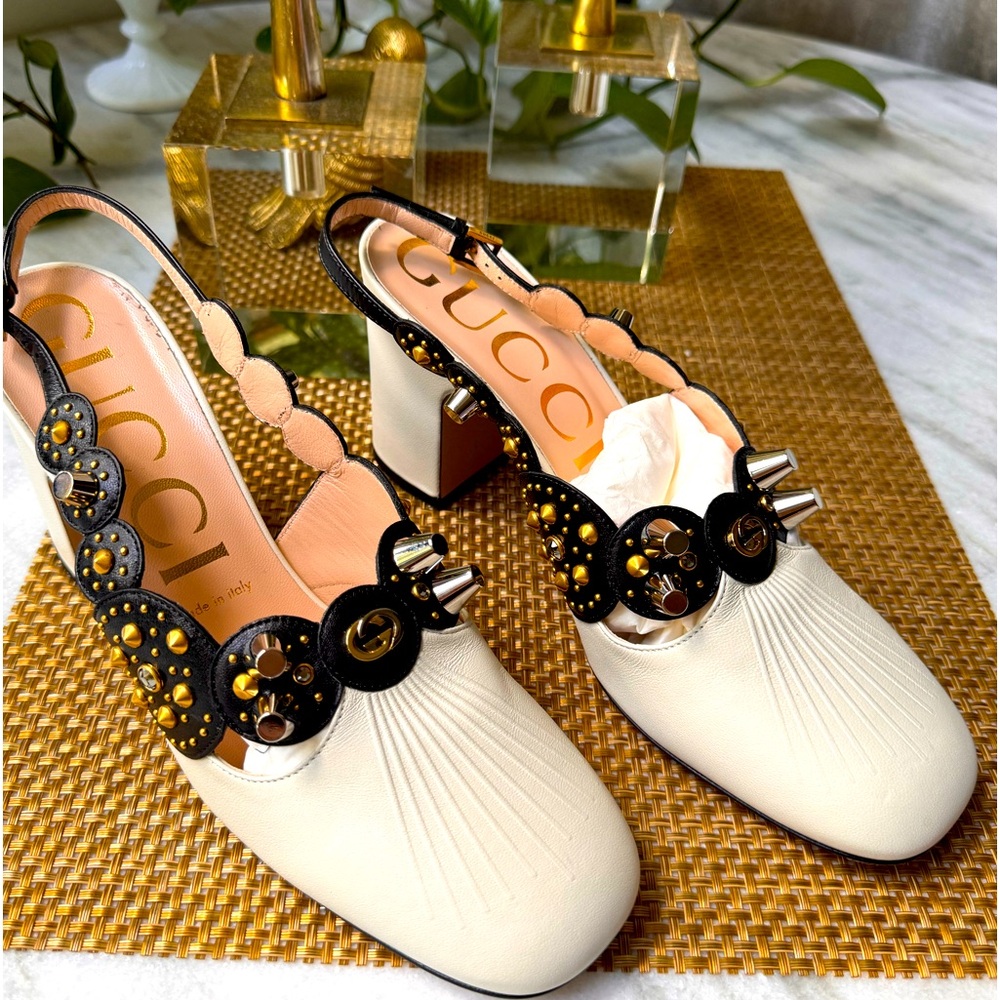 GUCCI Paulina leather dusty white/ black sandals EUR 39 US 9